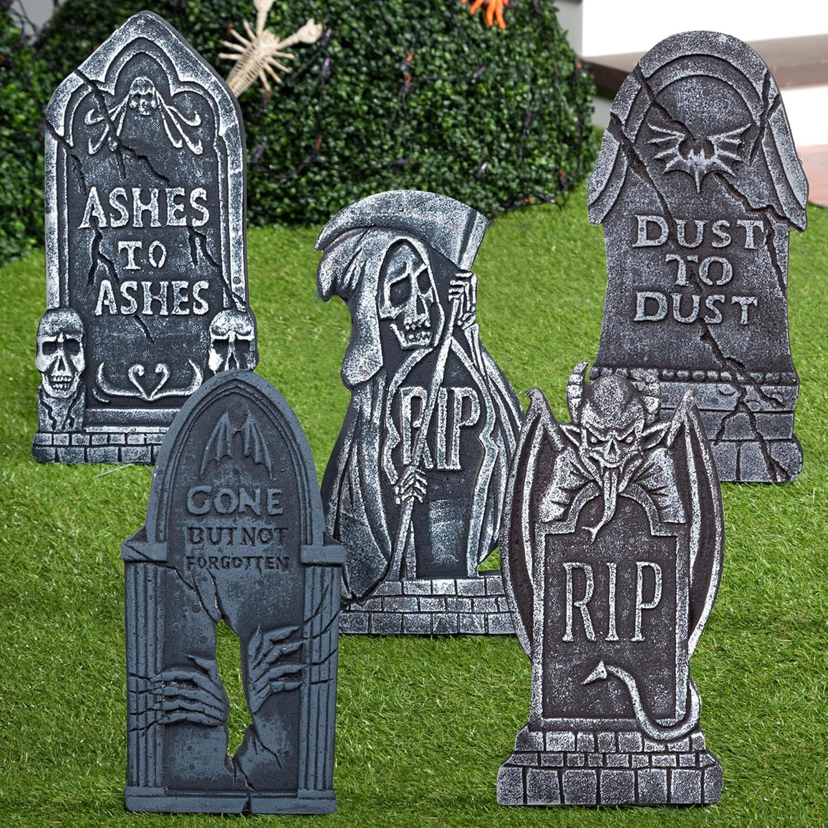 Joyfy 5 Pack Halloween Tombstone Outdoor Decorations,17 Inch Foam RIP Cemetery Headstone Decoration and 12 Halloween Yard Lawn Decoration Metal Stakes