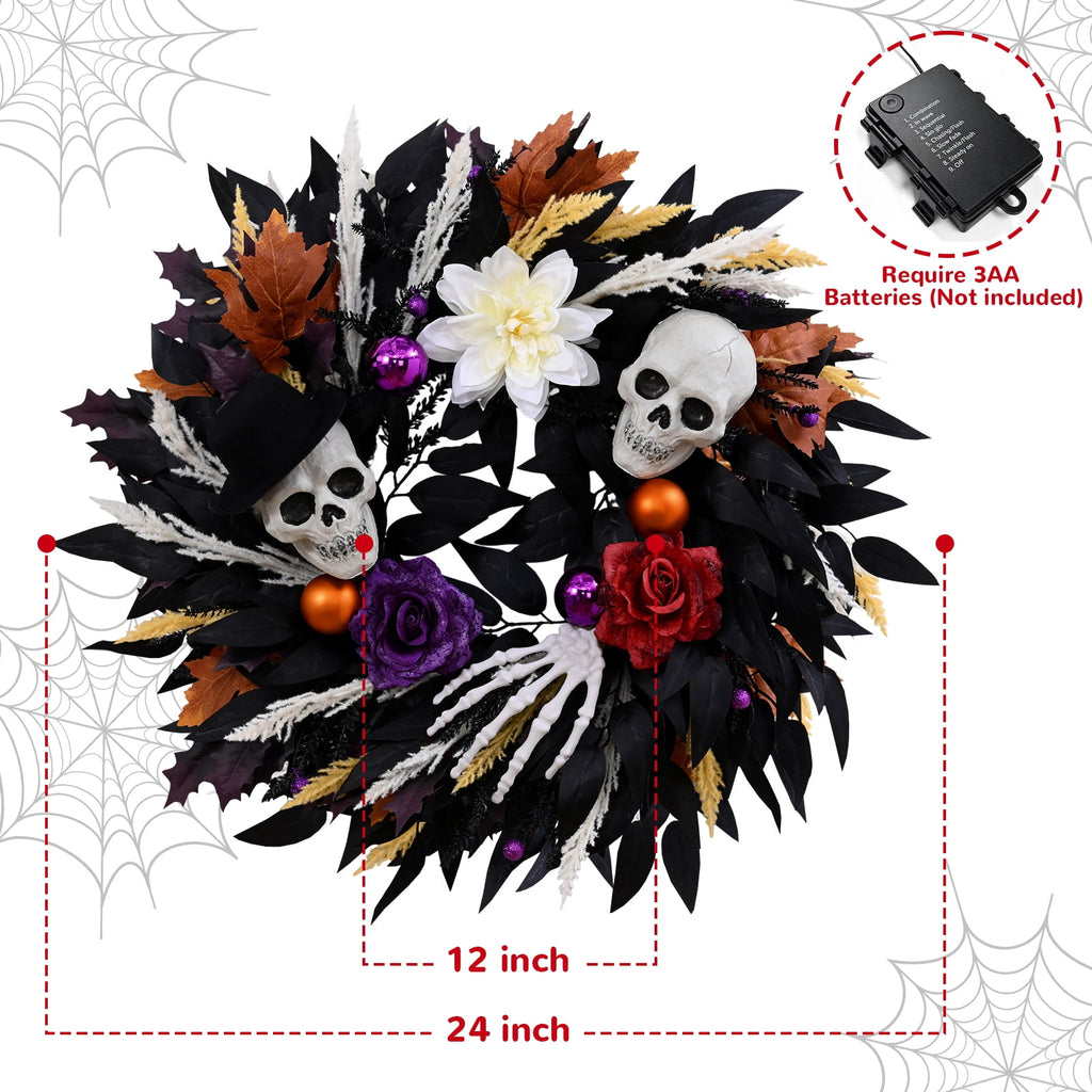 Lyacmy Halloween Wreath for Front Door Halloween Skeleton Decorations, Wreath with Skull Maple Leaves for Window Indoor Outside Home Party Decor