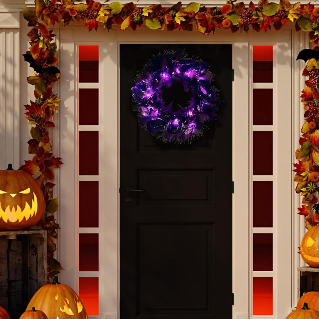 Halloween Wreaths with Light, 16in Black Feather Wreath, Wreaths for Front Door, Halloween Decorations Props for Door, Porch, Window,Indoor and Outdoor