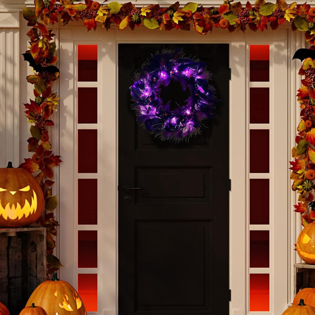 Halloween Wreaths with Light, 16in Black Feather Wreath, Wreaths for Front Door, Halloween Decorations Props for Door, Porch, Window,Indoor and Outdoor