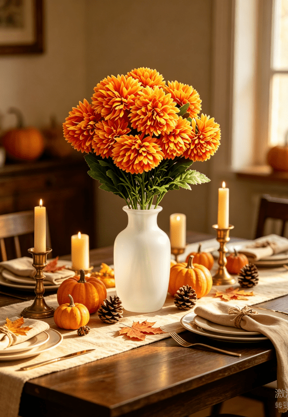 1Pack Faux Fall Mums for Outside Artificial Mums Outdoor Clearance Chrysanthemum Bush Silk - Orange Fall Decorations for Home Fall Wedding Flowers