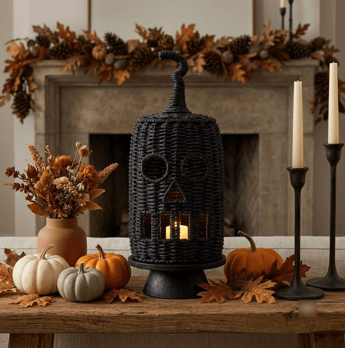 THOPBPRK 2026 Black Halloween Woven Pumpkin Jack-O'-Lantern, Halloween Decorations Pumpkin, USE LED Candle, Rattan Fall Halloween Decor for Home, 1Pack 11.8 Inch A