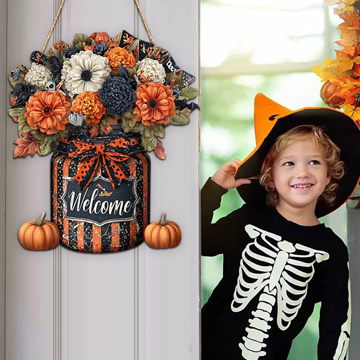 Generic Halloween Door Hanging Decor Pumpkin Ghost Bat Paper Sign Indoor Outdoor Front Door Decoration 16 Inch