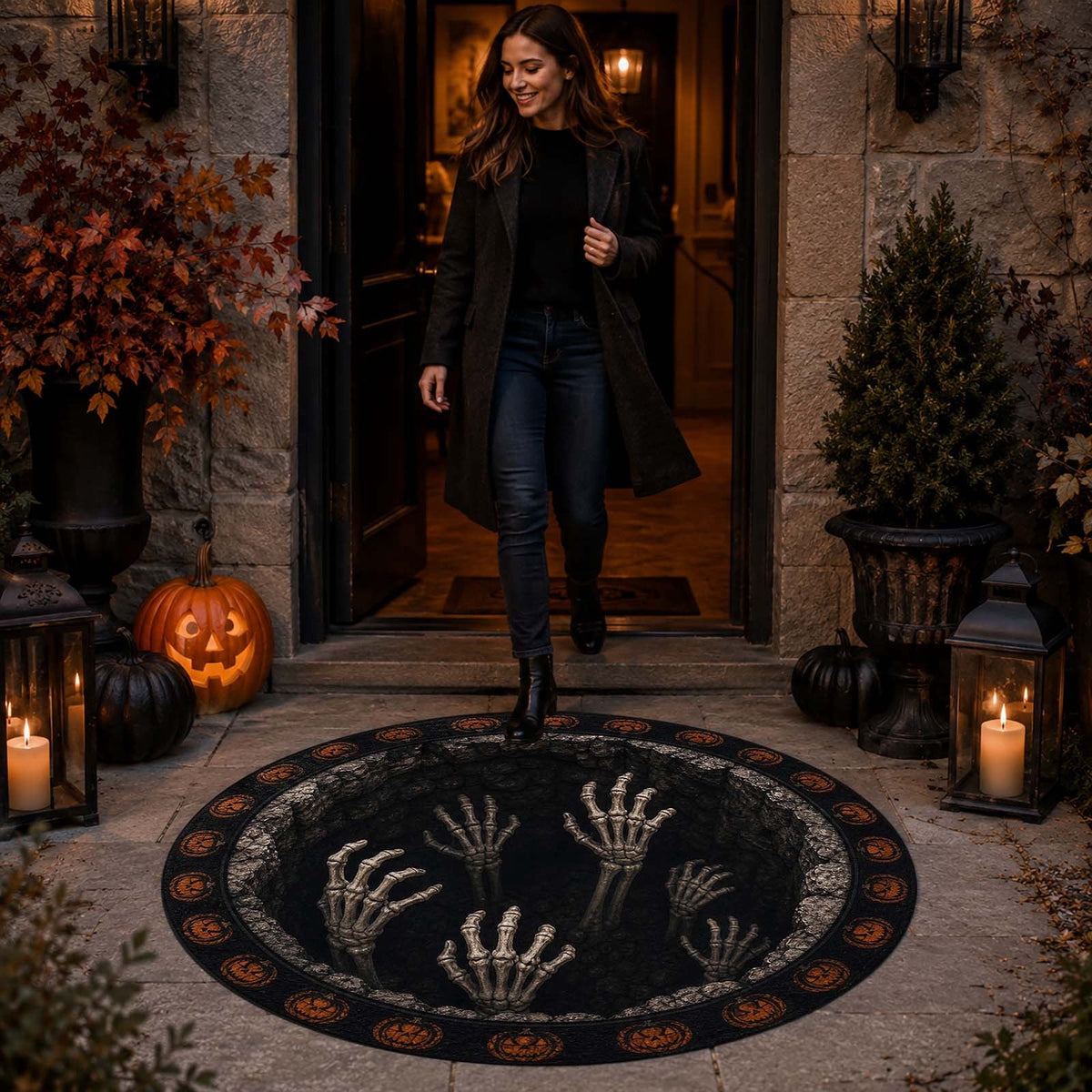 Win s Way 3D Illusion Round Halloween Rug Optical Illusion Doormat Non- Washable Entryway Decor Spooky Fall Front Door Mat for Party Decoration Available in 15.8/23.6/31.5 Inch