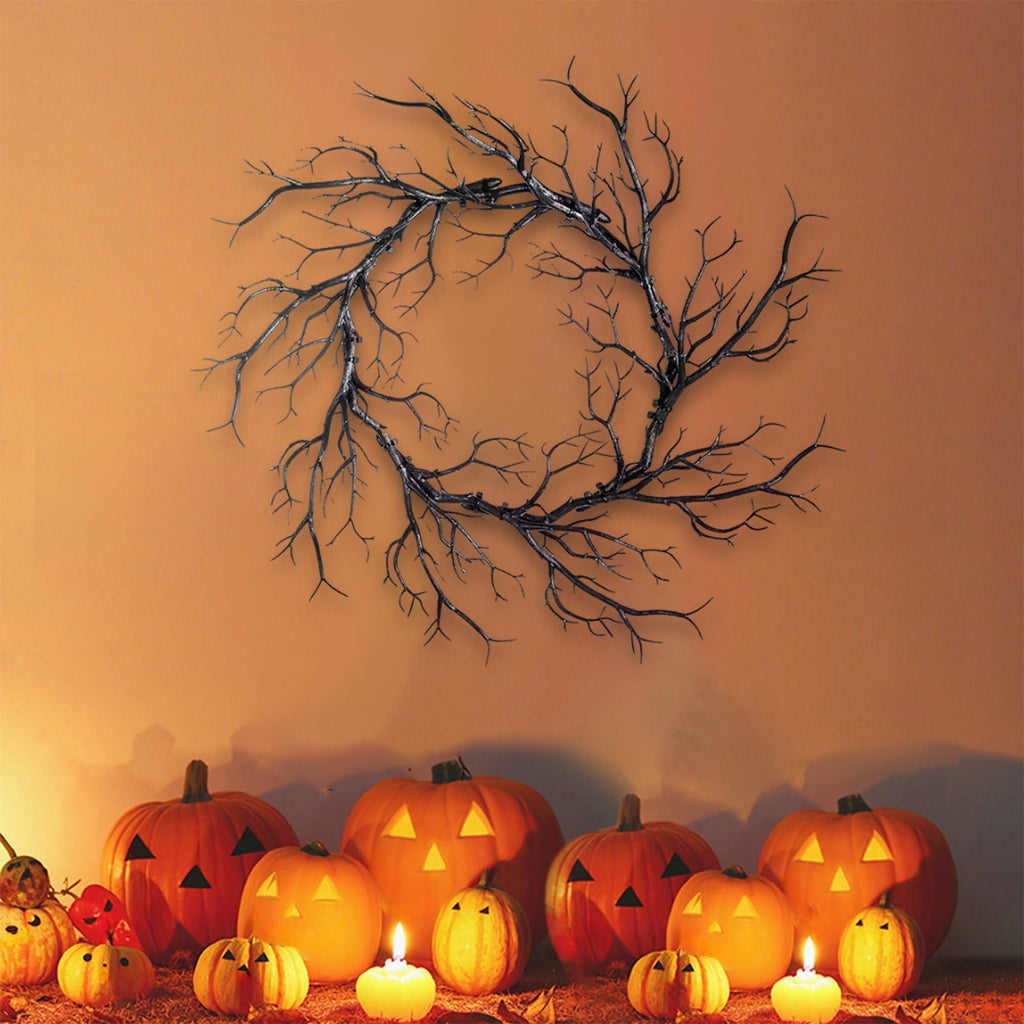 Plastic Twig Wreath for Front Door Halloween Decor, Indoor Outdoor Hanging Ornament with Spooky Vibe