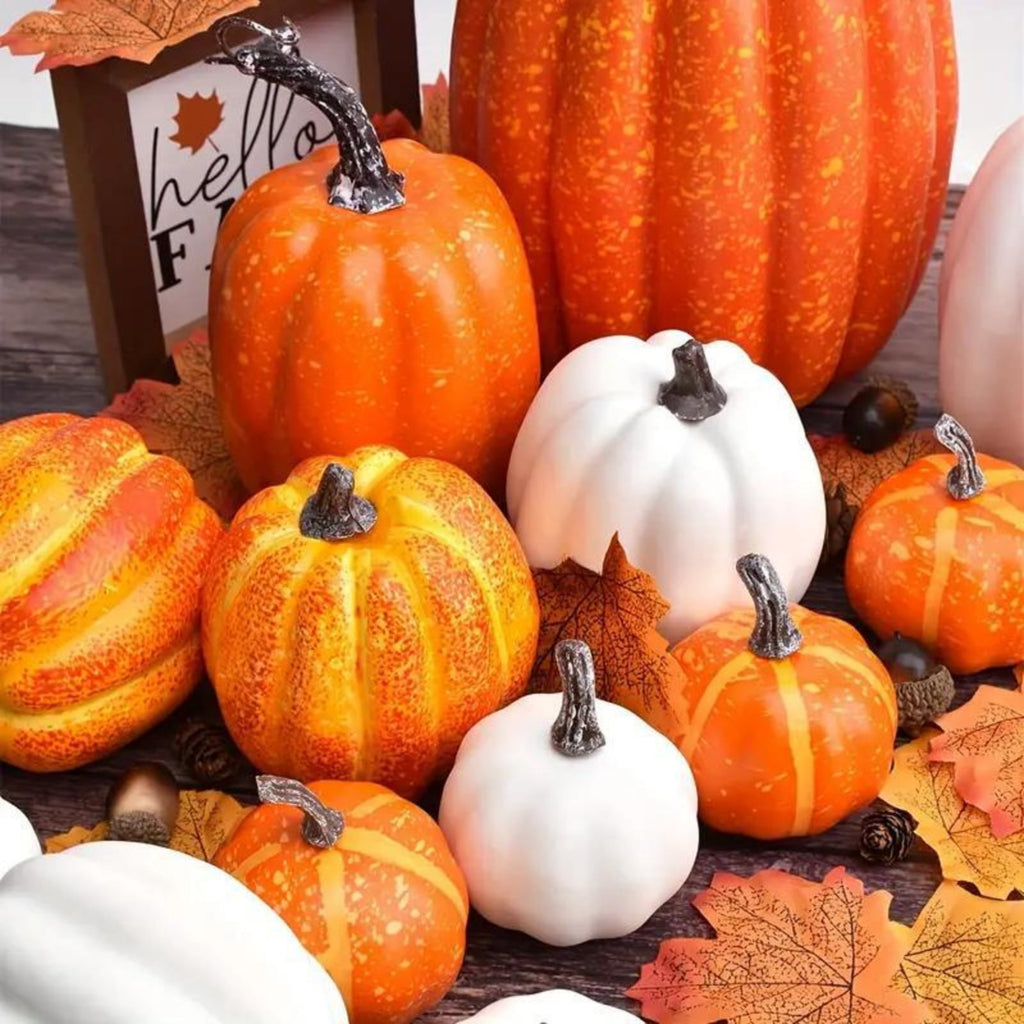 7 Pc Artificial Pumpkin Set Fall Halloween Decor, Rustic Harvest Thanksgiving Table Centerpiece for Home Farmhouse Kitchen Display