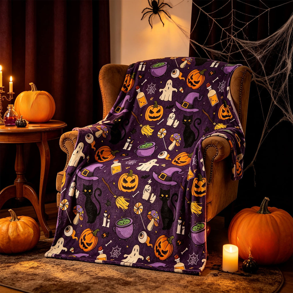 Halloween blanket,Halloween Print Throw Blanket Flannel Soft Cozy Decorative Nap Blanket with Ghost Pumpkin Skull for Office Bedroom Sofa Camping Travel(100x150cm/39x59 Inch),Black