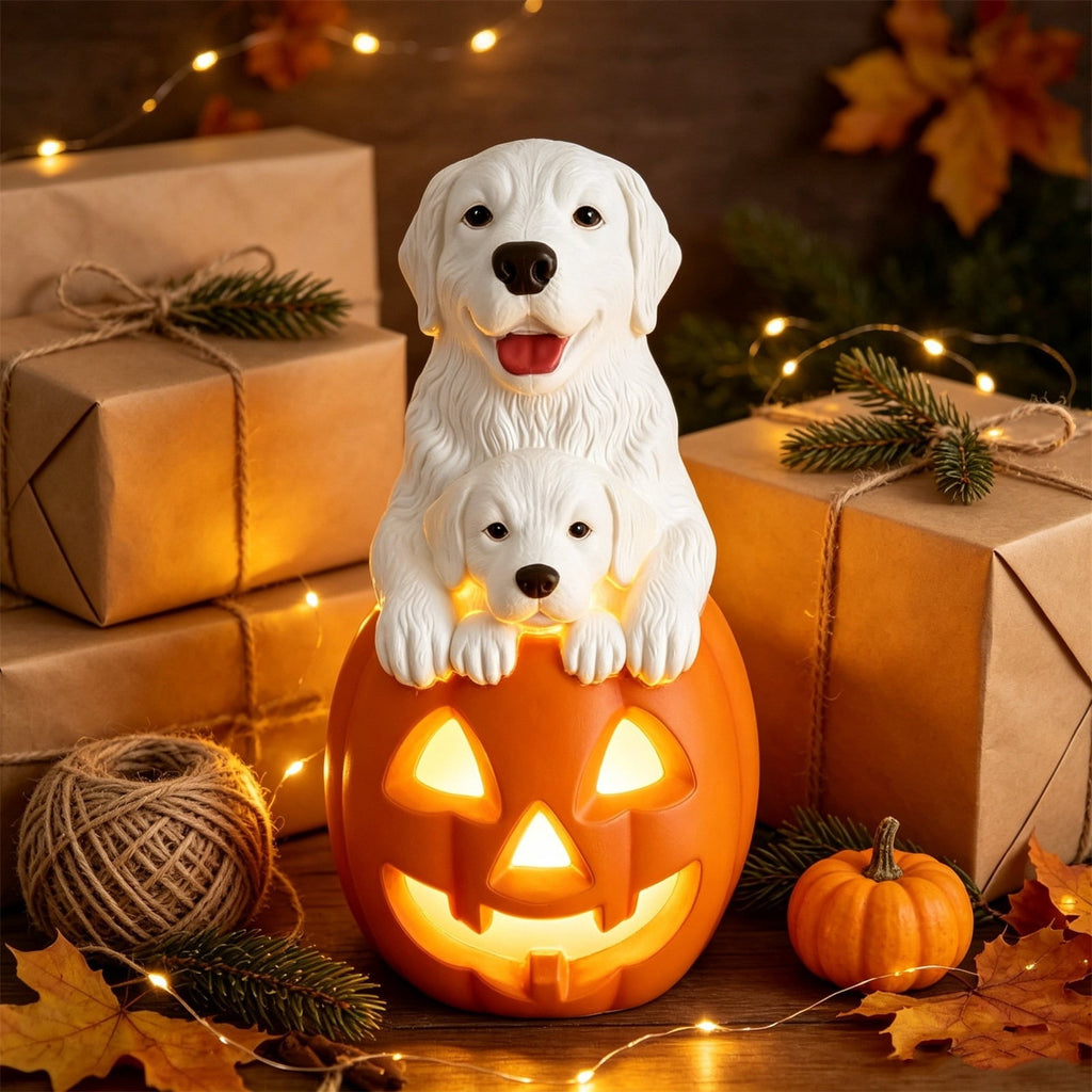 Clearance! Halloween Light‑Up Dog Figurine, 7.9in Scarecrow Dog Statue with Glowing Pumpkin, Waterproof Resin Table Yard Decor