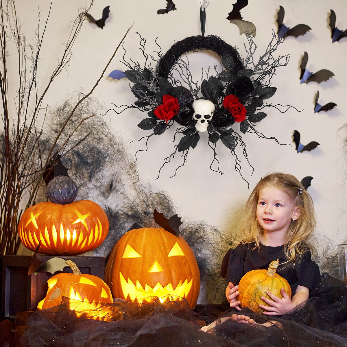 Adeeing Halloween Wreath 20 Inch Artificial Halloween Skull Wreath Decoration with Roses, Branches for Front Door Home Door Wall