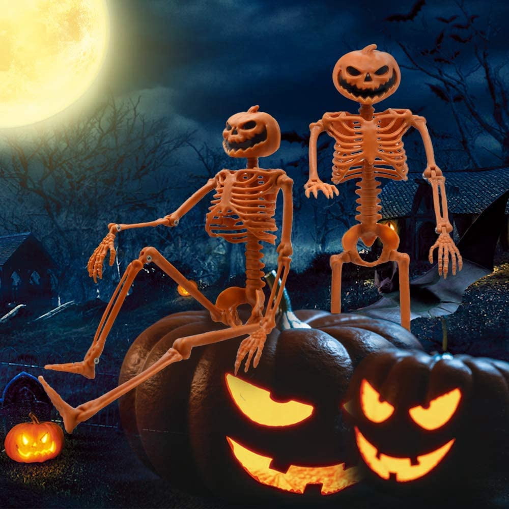 2 Packs Halloween Pumpkin Skeleton Decorations with Posable Joints Skeletons for Halloween Party Front Door Haunted House Props Decorations