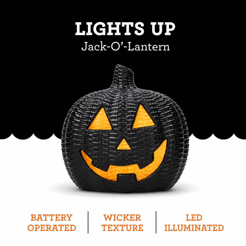 Light-Up Woven Jack-o'-Lantern Decoration, Black, 8.6", Halloween by Way To Celebrate