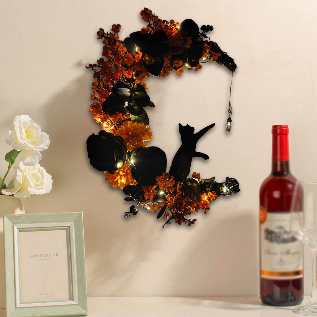 Halloween Moon & Cat Wreath with Lights - Gothic Black Branch Wreath for Front Door, Indoor/Outdoor Spooky Decor with LED Illumination