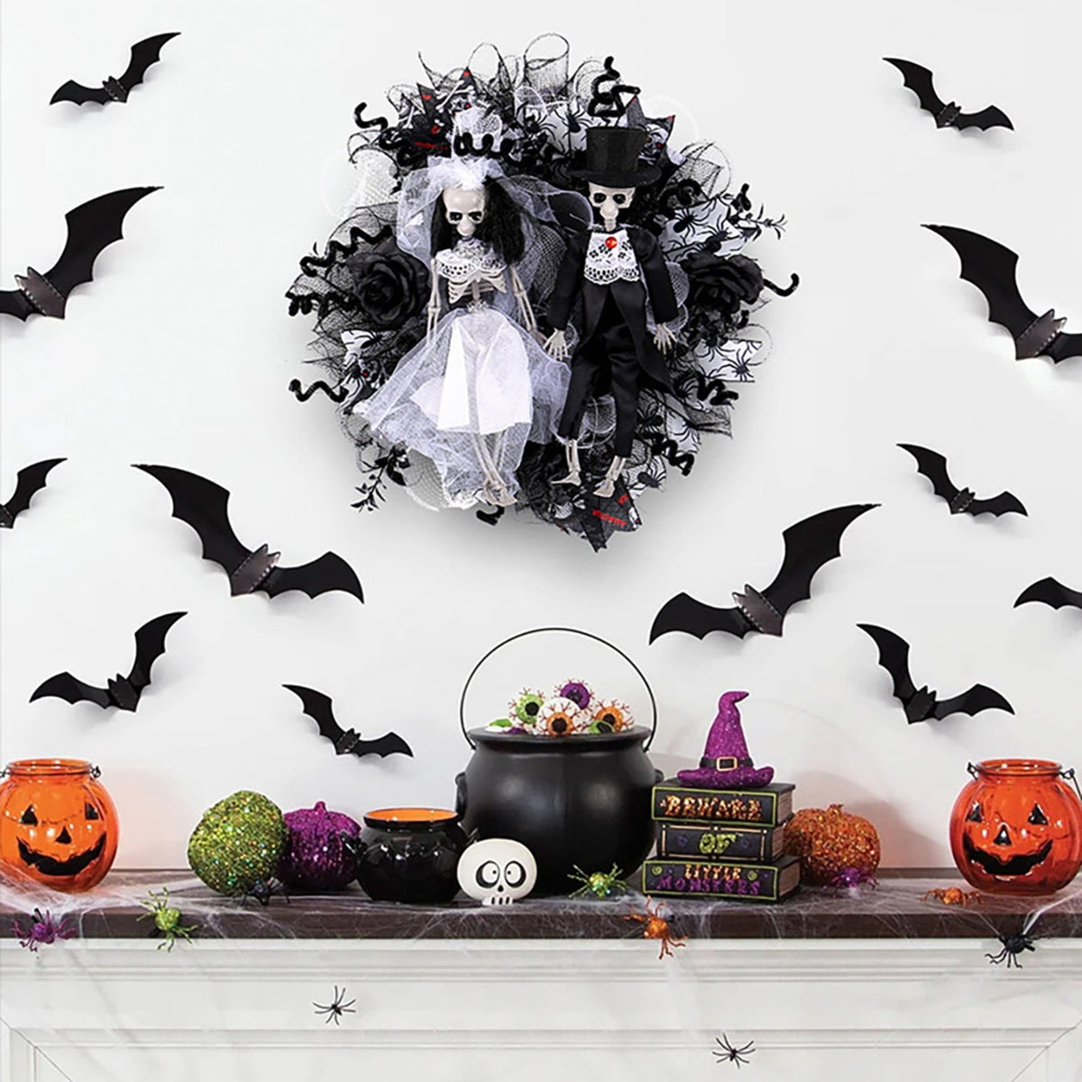 SWSUSN Halloween Creepy Wreath For Front Door 16 Inch Artificial Plastic Skeleton Bride And Groom Wreath Halloween Gothic Wreath Hanging Decoration For Home Party Halloween Front Porch Wreath