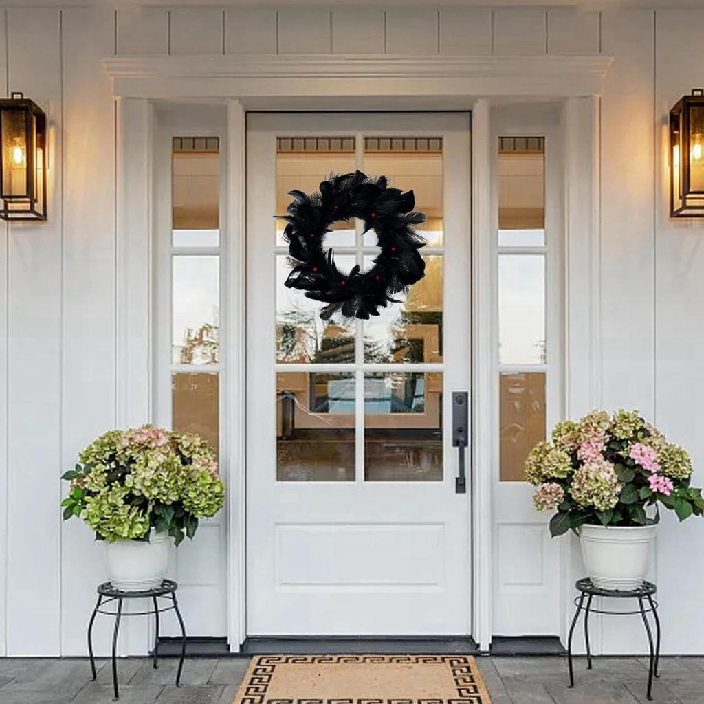 Halloween Wreaths with Light, 16in Black Feather Wreath, Wreaths for Front Door, Halloween Decorations Props for Door, Porch, Window,Indoor and Outdoor