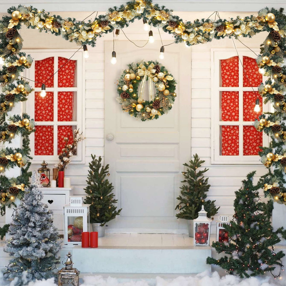 JoanKaren 24 inch Large Christmas Wreath Silver White with 20 LED Lights,Prelit Xmas Wreath w/ Ball Ornaments Pine Cone