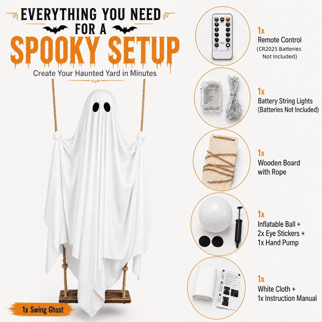 Light Up Swinging Ghost Outdoor Decor, 6.56FT Pre-Assembled LED Hanging Ghost on Swing with Remote Control, Halloween Decorations Outdoor for Porch Yard Tree