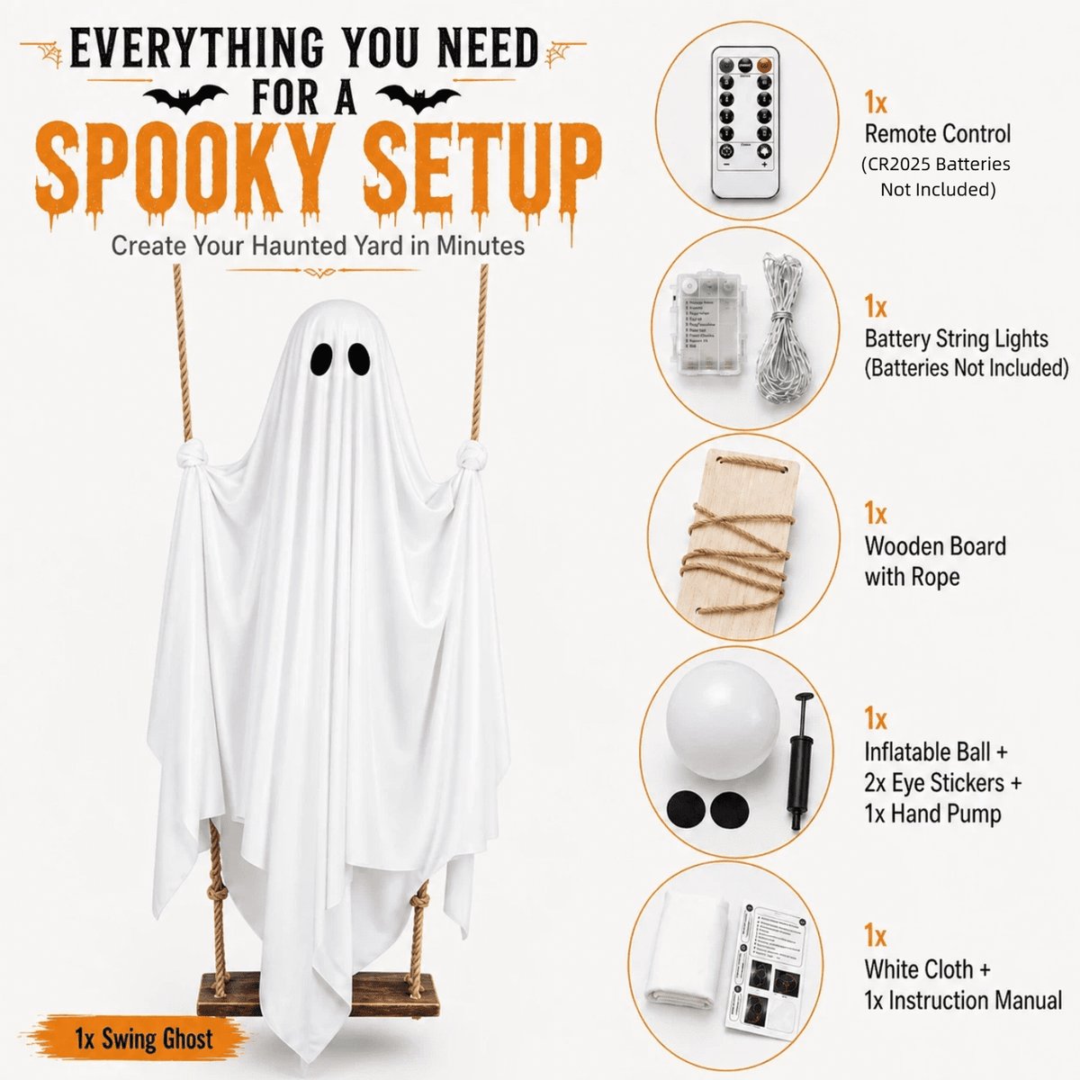 Light Up Swinging Ghost Outdoor Decor, 6.56FT Pre-Assembled LED Hanging Ghost on Swing with Remote Control, Halloween Decorations Outdoor for Porch Yard Tree