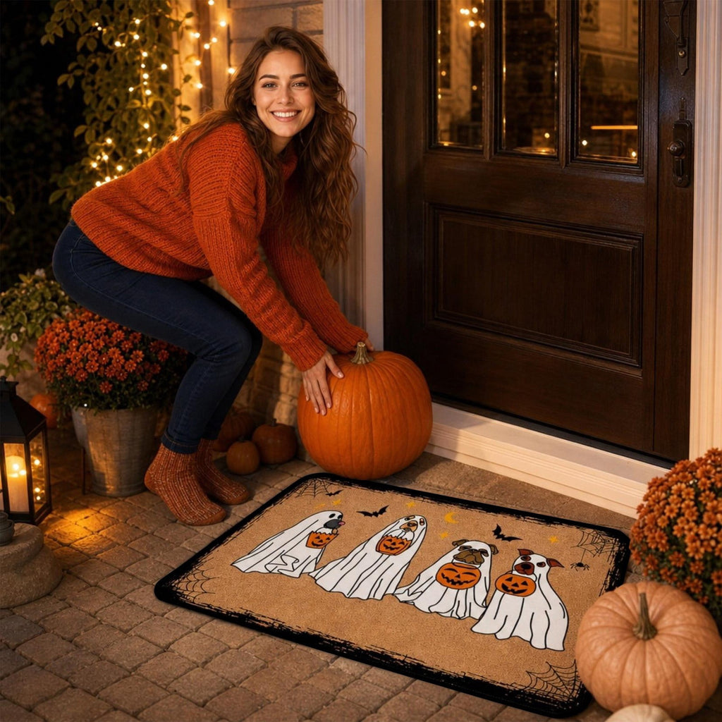 PYURTEP Halloween Door Mat Pumpkin Bat Pattern Entryway Doormats Non-Slip Indoor Outdoor Welcome Mat for Halloween Decor