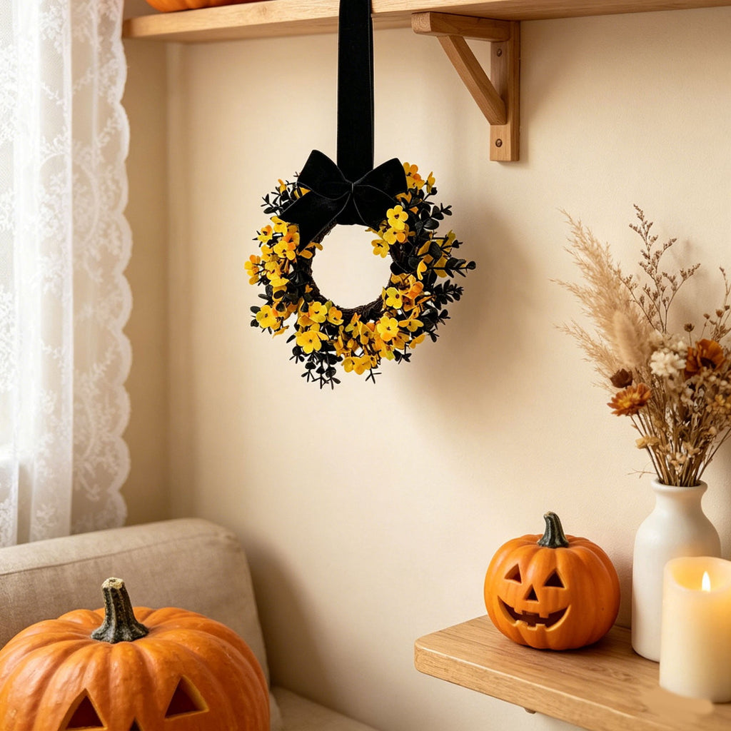 FXMLRLK 1 Pack Halloween Cabinet Wreaths with Ribbon Bows Artificial Flowers Kitchen Wreath for Window Front Door Farmhouse Wall Halloween Decorations, Blue