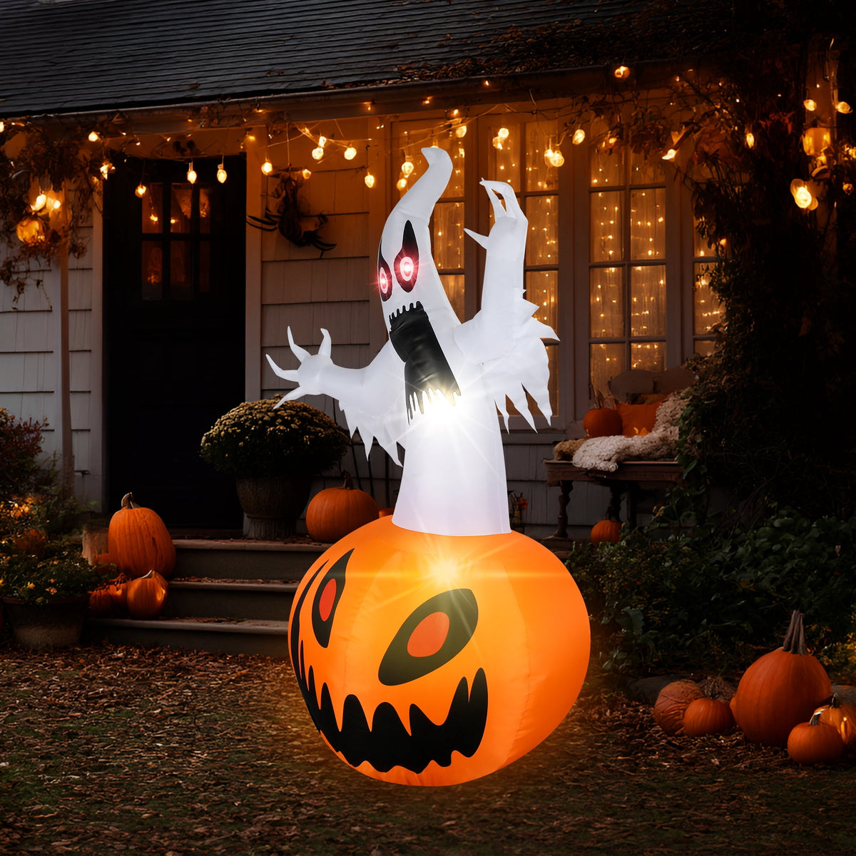 MAGOTAN 8 ft Halloween Inflatable Pumpkin Halloween Inflatable Pumpkins Ghost Tombstone Outdoor Yard Decoration Build-in 7 LED White Lights