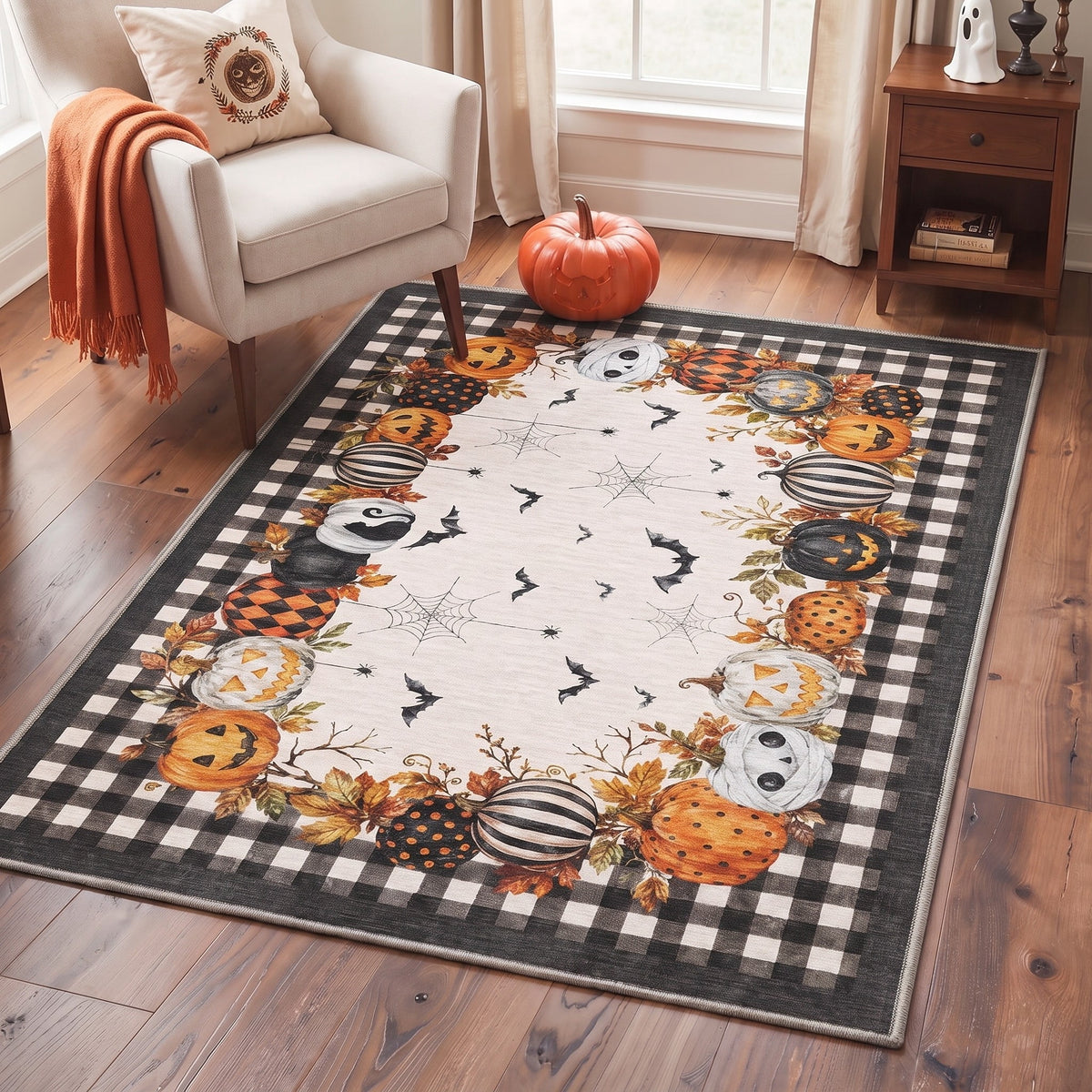 KUETH 3'x5' Halloween Machine Washable Area Rug, Non-Slip Rugs for Living Room, Bedroom and Dining Room, Orange