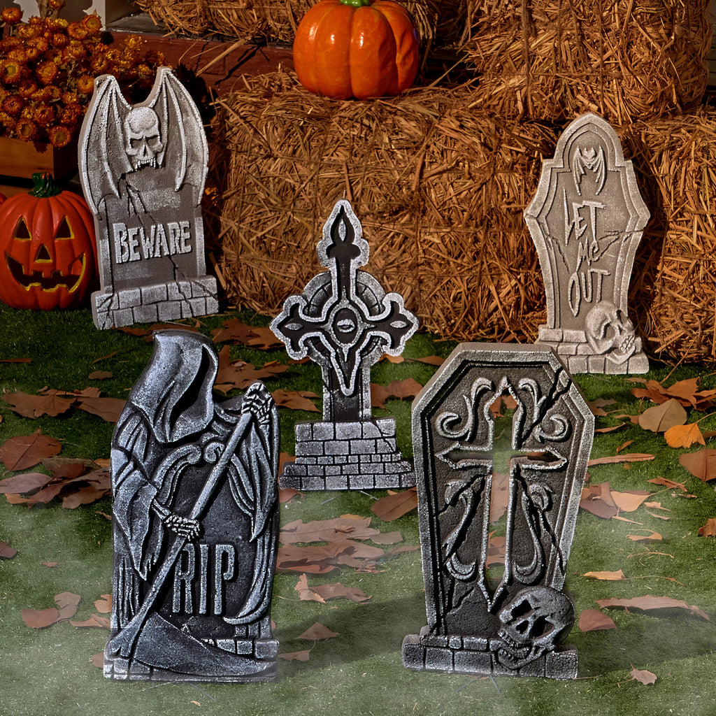 Joyfy 5 Pack Halloween Tombstone Outdoor Decorations,17 Inch Foam RIP Cemetery Headstone Decoration and 12 Halloween Yard Lawn Decoration Metal Stakes
