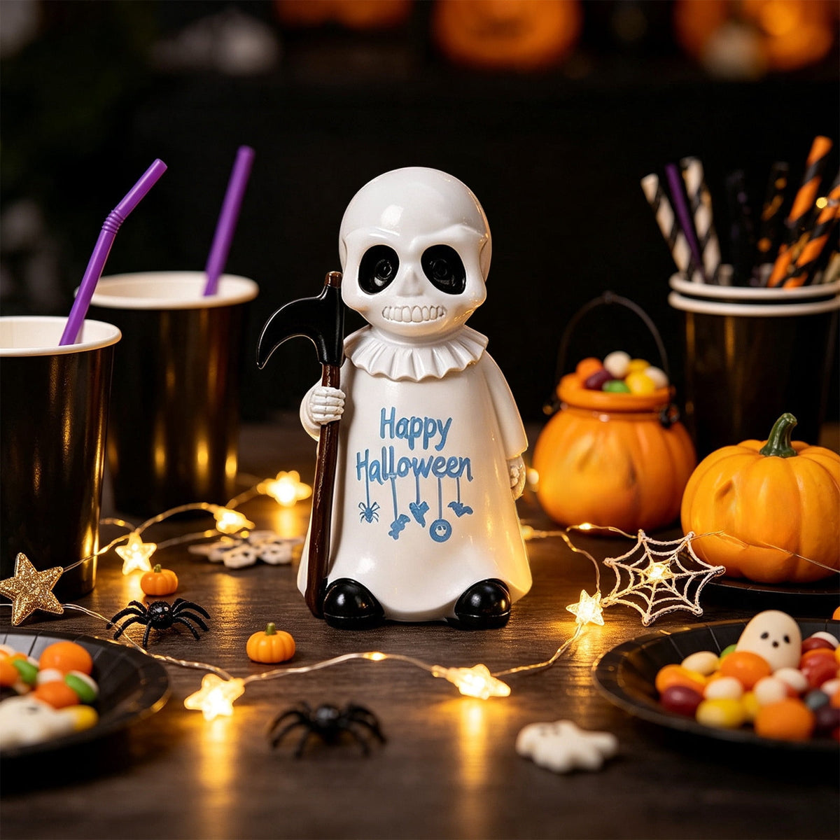 Halloween Ghost Figurine, Ghost Girl with Pink Bow & Hot Drink, Funny Ghost Statue Halloween Decor for Gift, Cute Spooky Tabletop Ornament for Home, Mantle, Desk & Party Decoration