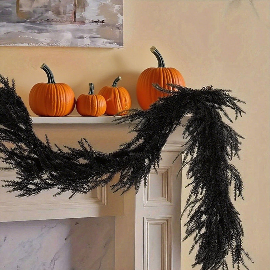 HHBEAUTY 59" Black Pine Garland - Halloween Artificial Pine Needles & Leaves Hanging Decorations for Fireplace, Stairs, Railing, Mantle, DIY Wreath, Door, Wall, Window & Thanksgiving Party Decor