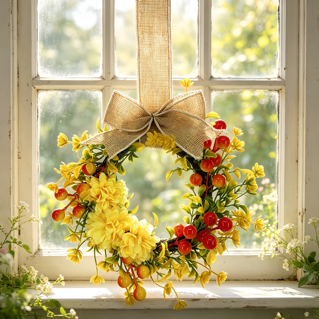 Deeceymbur Artificial Fall Pumpkin Wreath with Bow Harvest Front Door Halloween Thanksgiving Wall Decor