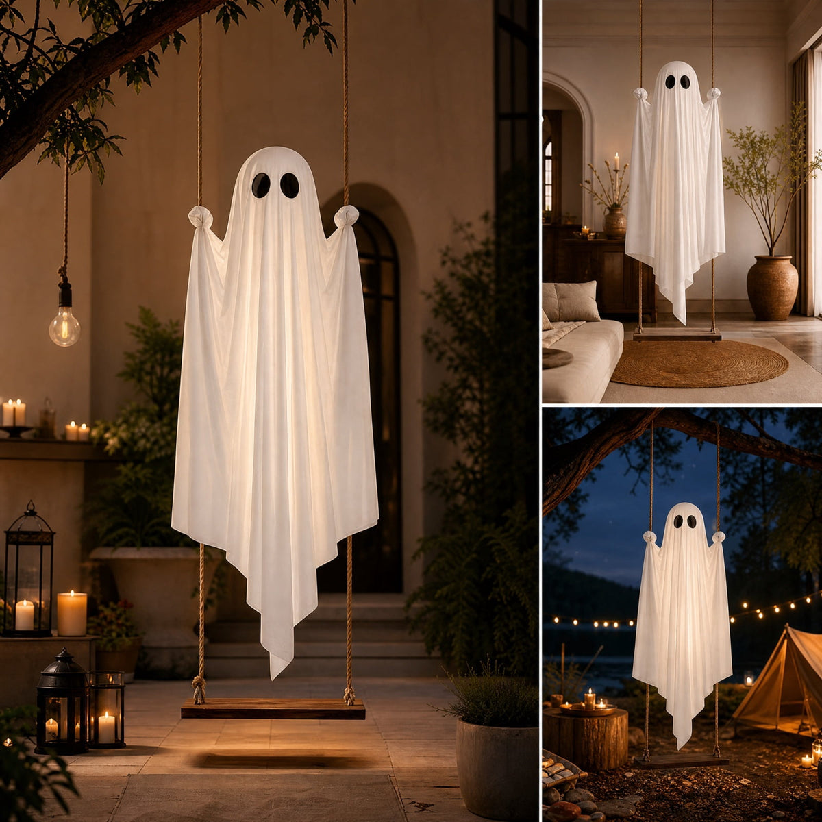 Light Up 2.1 Ft Ghost Walking Dog 2 Pcs, Halloween Ghost Decoration, Adjustable Standing Porch Yard Lawn Decor, Modern Farmhouse Halloween Yard Decor (A)