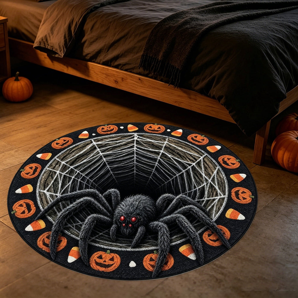 3D Optical Illusion Halloween Round Doormat,Vortex Tunnel Optical Illusion Printing Design,Giant Furry Red-Eyed Black Spider and White Spider Web,24"