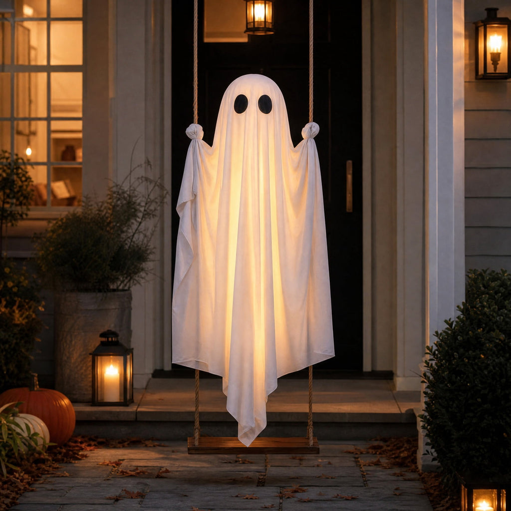 Light Up 2.1 Ft Ghost Walking Dog 2 Pcs, Halloween Ghost Decoration, Adjustable Standing Porch Yard Lawn Decor, Modern Farmhouse Halloween Yard Decor (A)