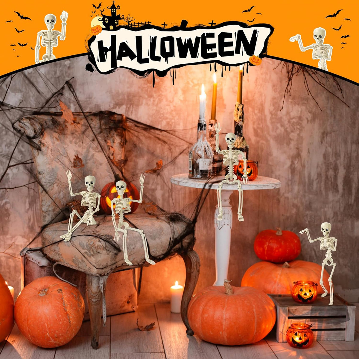 XZKING 5 Pack Halloween Skeleton Decorations, 16" Full Body Plastic Mini Little Skeleton Posable Joints Poseable Skeleton for Skeleton Halloween Party Hanging Decoration