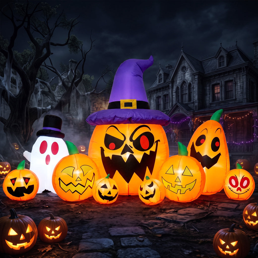 GVDV 8FT Halloween Inflatables Pumpkin Decorations with Witch Hat & Build-in LEDs, Halloween Blow Ups Indoor/Outdoor Decor for Party, Yard, Lawn