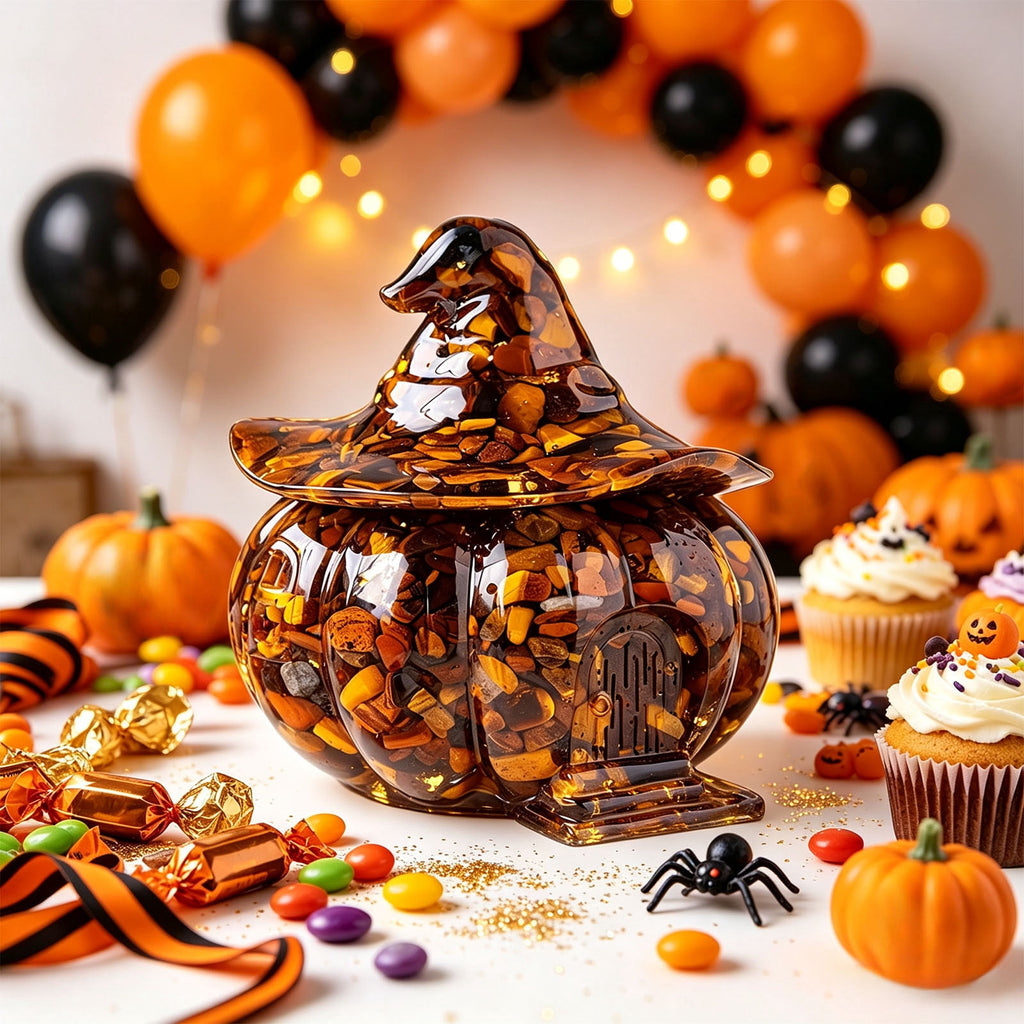 Halloween Pumpkin Candy Bowl with Lid, Decorative Plastic Treat Jar with Crushed Stone Look for Candy Serving and Seasonal Table Display, Reusable Spooky Home Accent, Home Decor, Brown