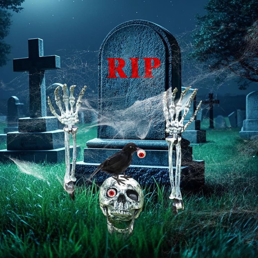 WETRBWEH Halloween Skeleton Stakes with Crow and Red Eyes Garden Halloween Decorations for Lawn Outdoor