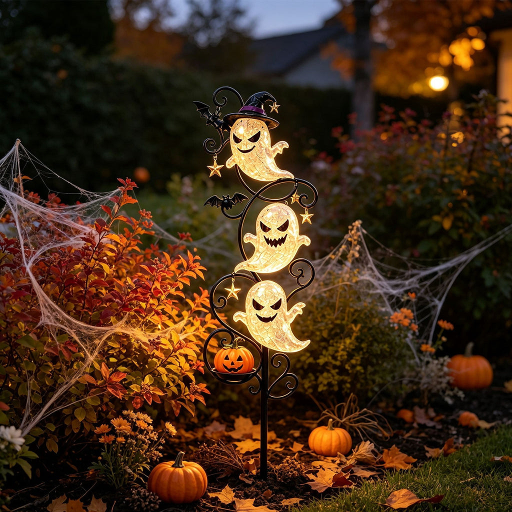 Solar Halloween Garden Stake Light, Bats & Spooky Ghosts Waterproof Solar Lantern Stake with Hanging Pumpkin, Outdoor Halloween Yard Decor for Garden Patio Lawn Pathway
