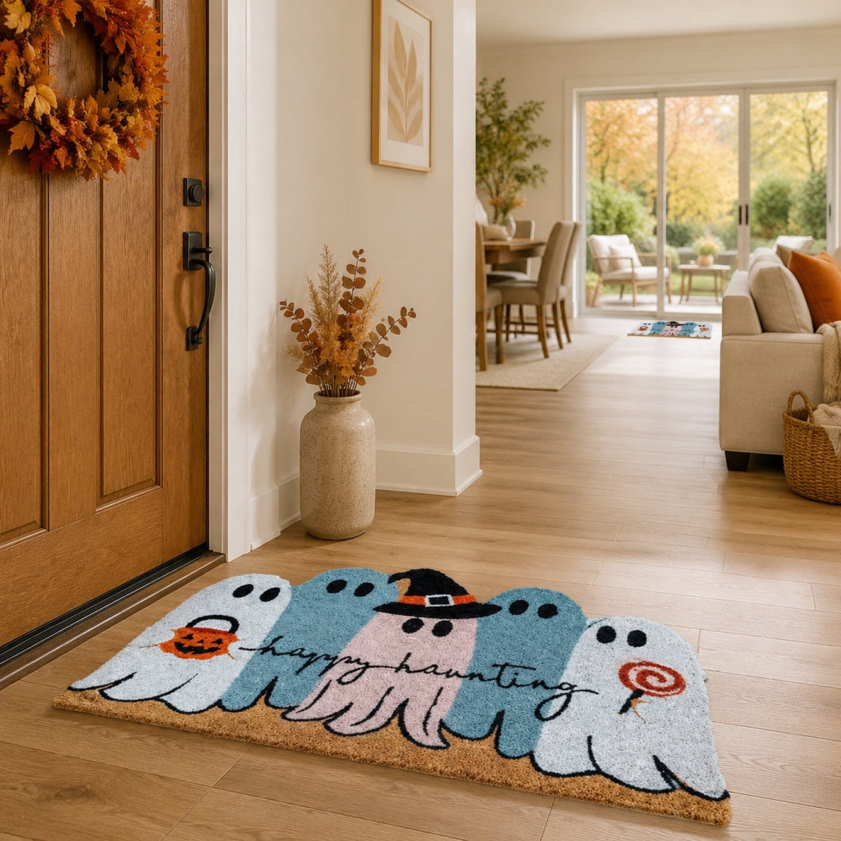 Halloween Ghost Welcome Doormat Outdoor Ghost Coir Door Mat Cute Outdoor Indoor Entrance Door Mat Non Slip Rubber Backing for Halloween Front Porch Entryway Decor