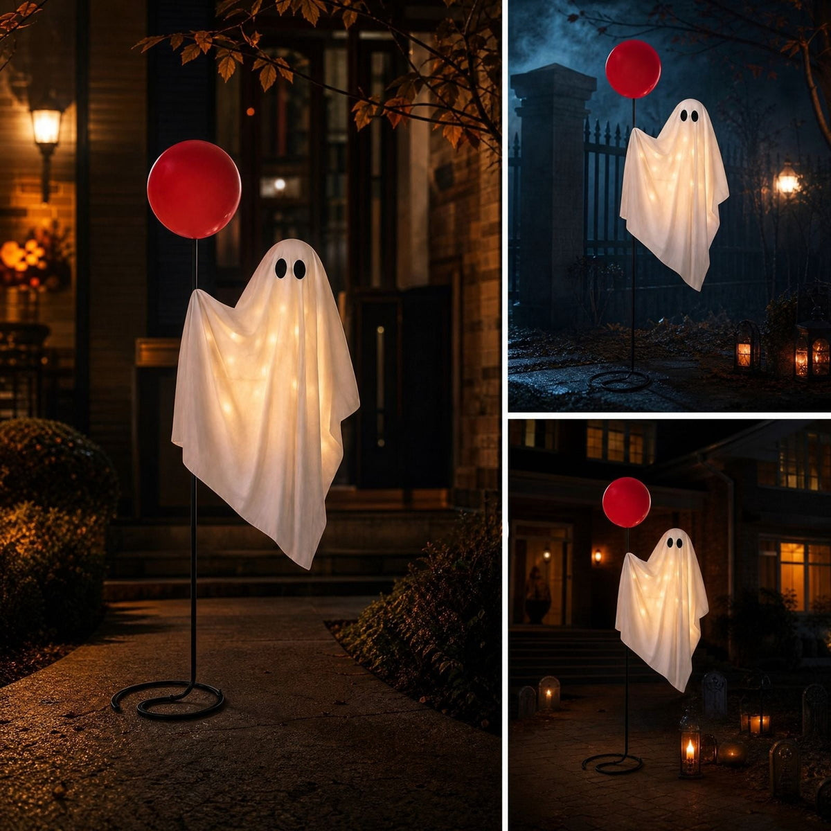 CHJK Halloween Decorations Outdoor, 6Ft Life Size Light up Ghost with Red Inflatable Balloon, Lighted Standing Halloween Porch Decoration with Metal Stand for Front Door, Yard, Lawn, Patio