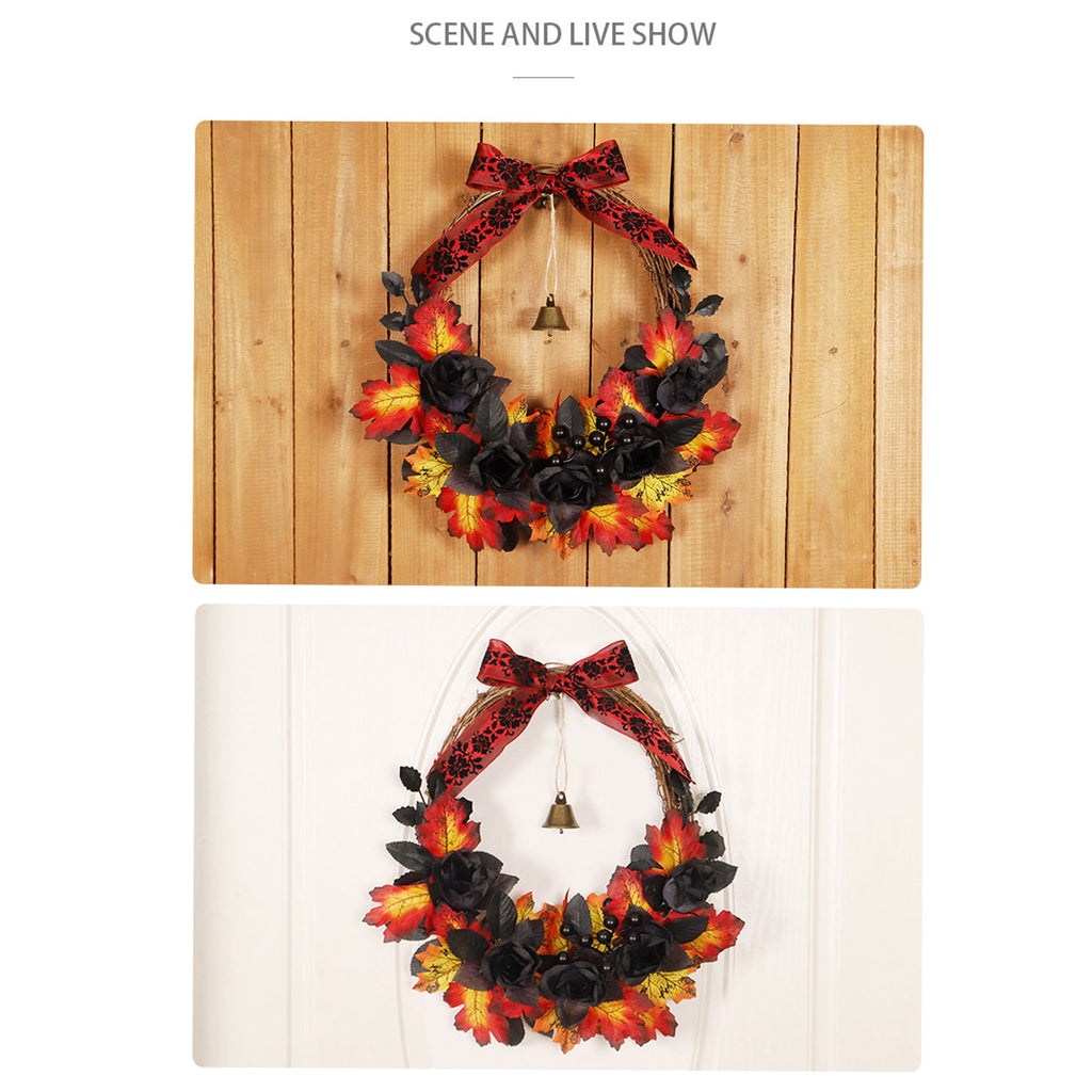 Halloween Wreaths for Front Door,16 inch Black Rose Halloween Wreaths with Lights Berry Maple Leaf Small Bell,Scary Halloween Home Decoration for Indoor,Outdoor,Wall Window,Porch,Garden,Home,Party