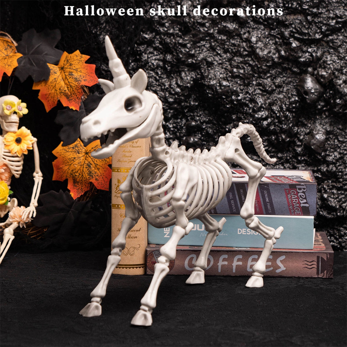 Halloween Animal Skeleton Decorations,Realistic Skeleton Unicorn Props,Posable Movable Joints Unicorn Statue and Figurine for Lawn Yard Graveyard Skeleton Halloween Decor