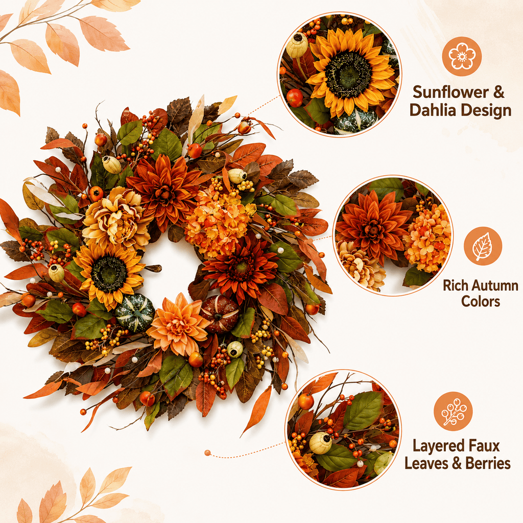 Clearance Fall Sunflower Pumpkin Wreath, 17.72 Inch Artificial Autumn Berry Door Wreath, Thanksgiving Halloween Hanging Decor for Front Porch Wall Door