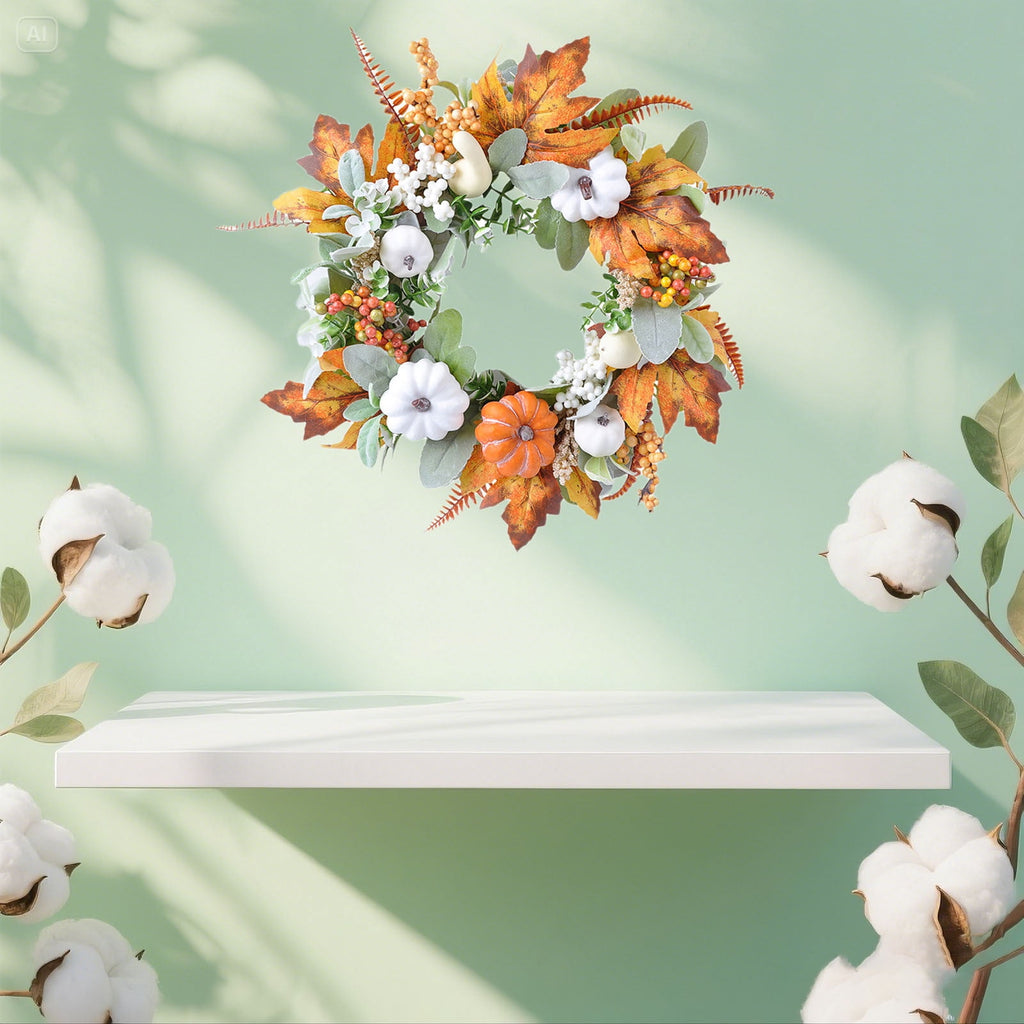 YIMWNYI Pumpkin Maple Leaf Decorative Wreath, Artificial Fall Wreath for Halloween, Thanksgiving, Harvest Festival Home Decor, Waterproof and Sunproof Autumn Wreath, Indoor and Outdoor Decoration