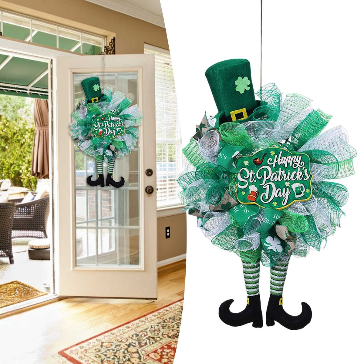Overstock Outlet St. Patrick’S Day Leprechaun Wreath & Ribbon, Front Door Decor for St. Patrick’S Day, Irish Holiday Wreath, Wall Decoration for St. Patrick’S Day Festivities