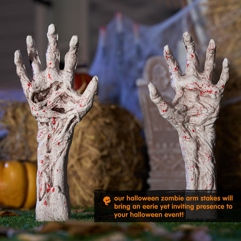 Joyfy 2 Pack Skeleton Hands Halloween Decoration Outdoor,13 inch Bloodstain Zombie Arm with Ground Stakes, Fake Arm Hands Prop Groundbreaker for Halloween Graveyard Lawn Decor