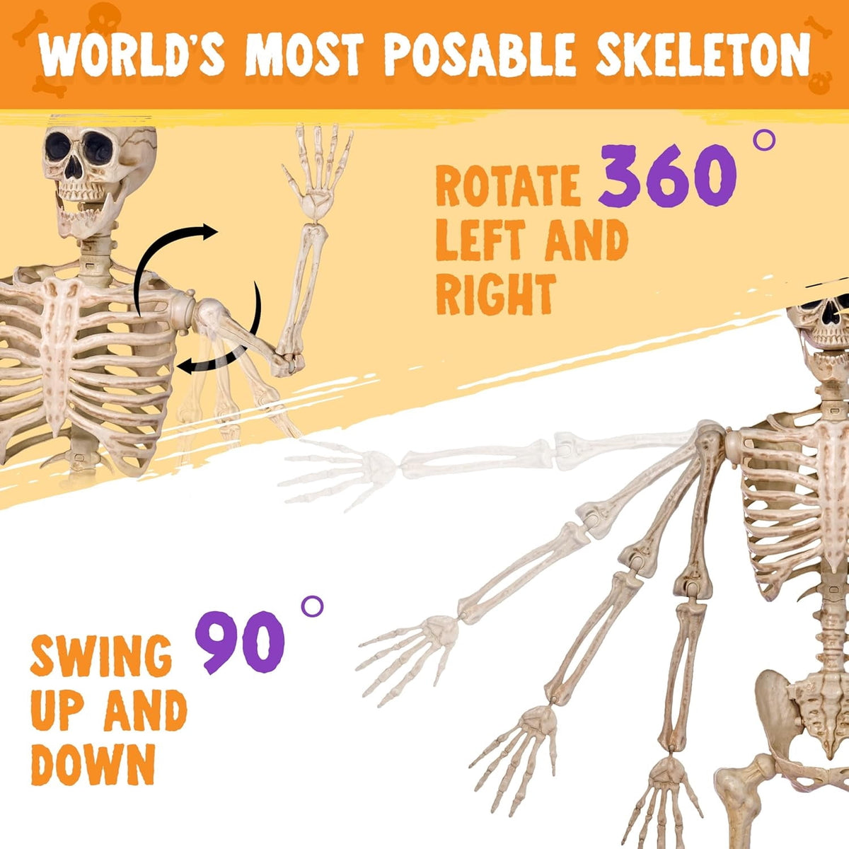 Joyfy 2 Pcs 24 Inch Halloween Skeleton Decor,2 FT Posable Skeleton Halloween Prop for Haunted House Indoor Outdoor Decoration Spooky Decor,Full Body with Movable Joints for Halloween Decoration