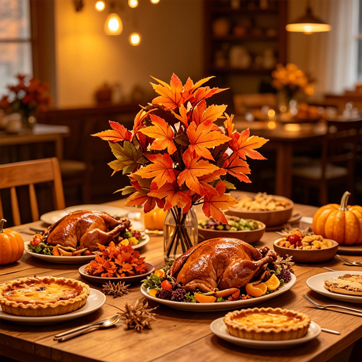 SPOORYYO 2Pcs Fall Maple Leaves Stems for Vase, Artificial Autumn Fake Leaves Decor, Maple Leaf Bushes Shrubs for Thanksgiving Halloween Home Farmhouse Table Centerpiece, 12.99" x 7.87"