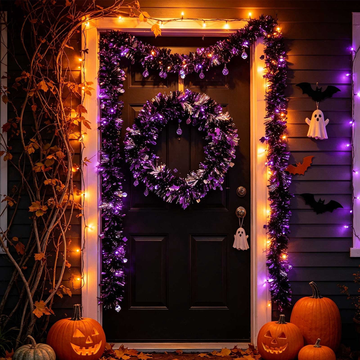 CuiLiyq Halloween Tinsel Garland, 78.7 Inch Black Purple Silver Foil with Bats and Ghosts, Party Decor for Mantel, Staircase, Doorway