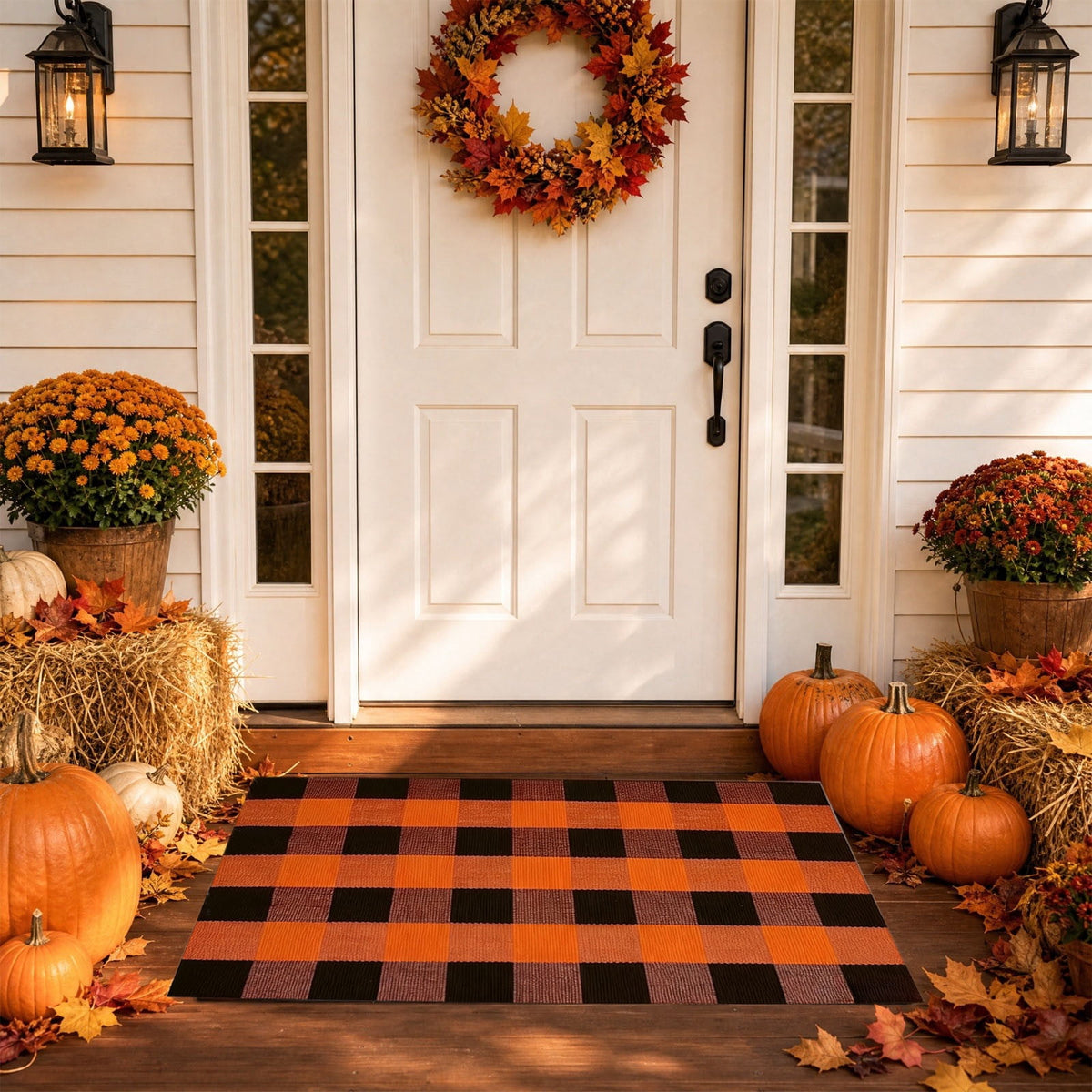 Dpityserensio Halloween Doormat Black Bat and Moon with Striped Border Non-Slip Washable Indoor Outdoor Rug, Vintage Fall Decor