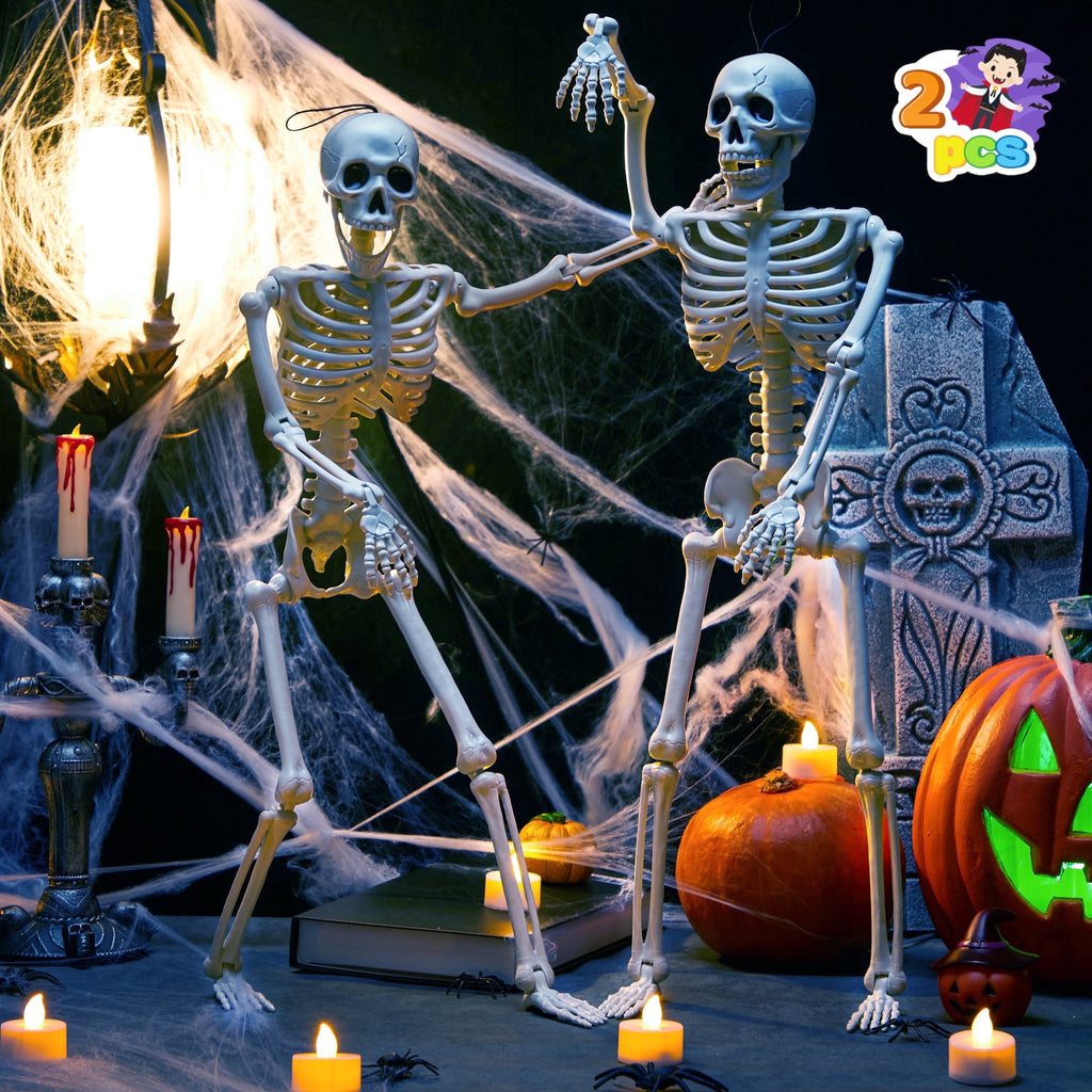 Joyfy 2 Pcs 24 Inch Halloween Skeleton Decor,2 FT Posable Skeleton Halloween Prop for Haunted House Indoor Outdoor Decoration Spooky Decor,Full Body with Movable Joints for Halloween Decoration